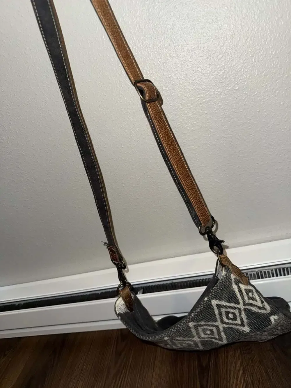 Myra Bag Gray Ivory Bold Triangle Tapestry Animal Hair Leather Crossbody